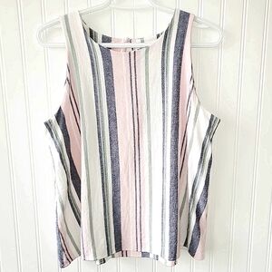 REITMANS Vertical Soft Pink Blue White Stripe Linen Tunic Tank Top Large